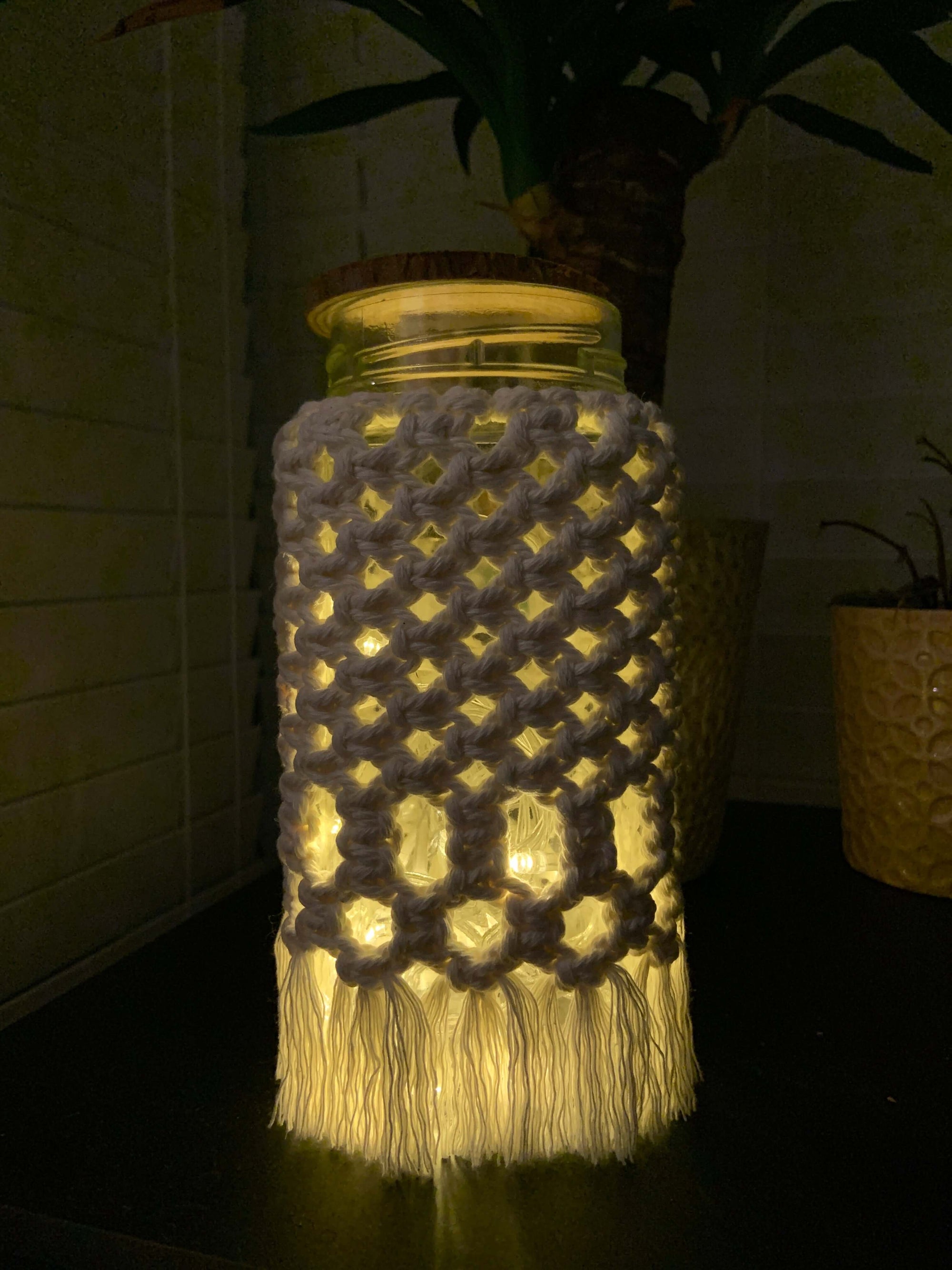 Diamond Drift GlowNest Macramé Jar Lamp – Handwoven Boho Lantern for Cozy Living - StylishKnots