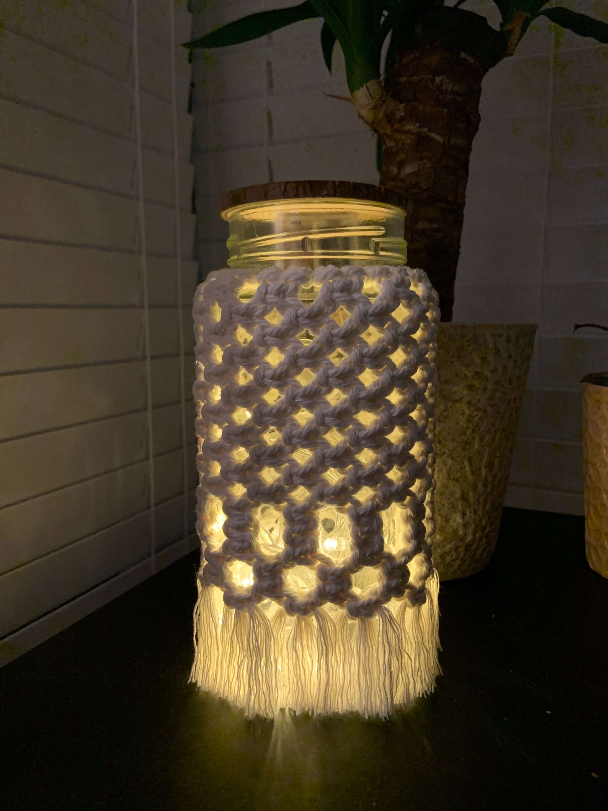 Diamond Drift GlowNest Macramé Jar Lamp – Handwoven Boho Lantern for Cozy Living - StylishKnots