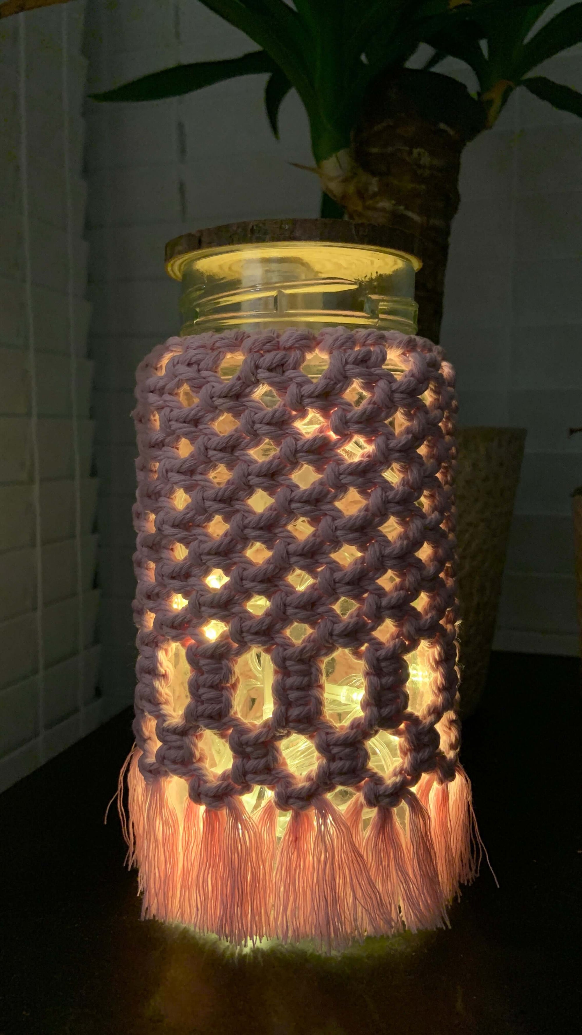 Diamond Drift GlowNest Macramé Jar Lamp – Handwoven Boho Lantern for Cozy Living - StylishKnots