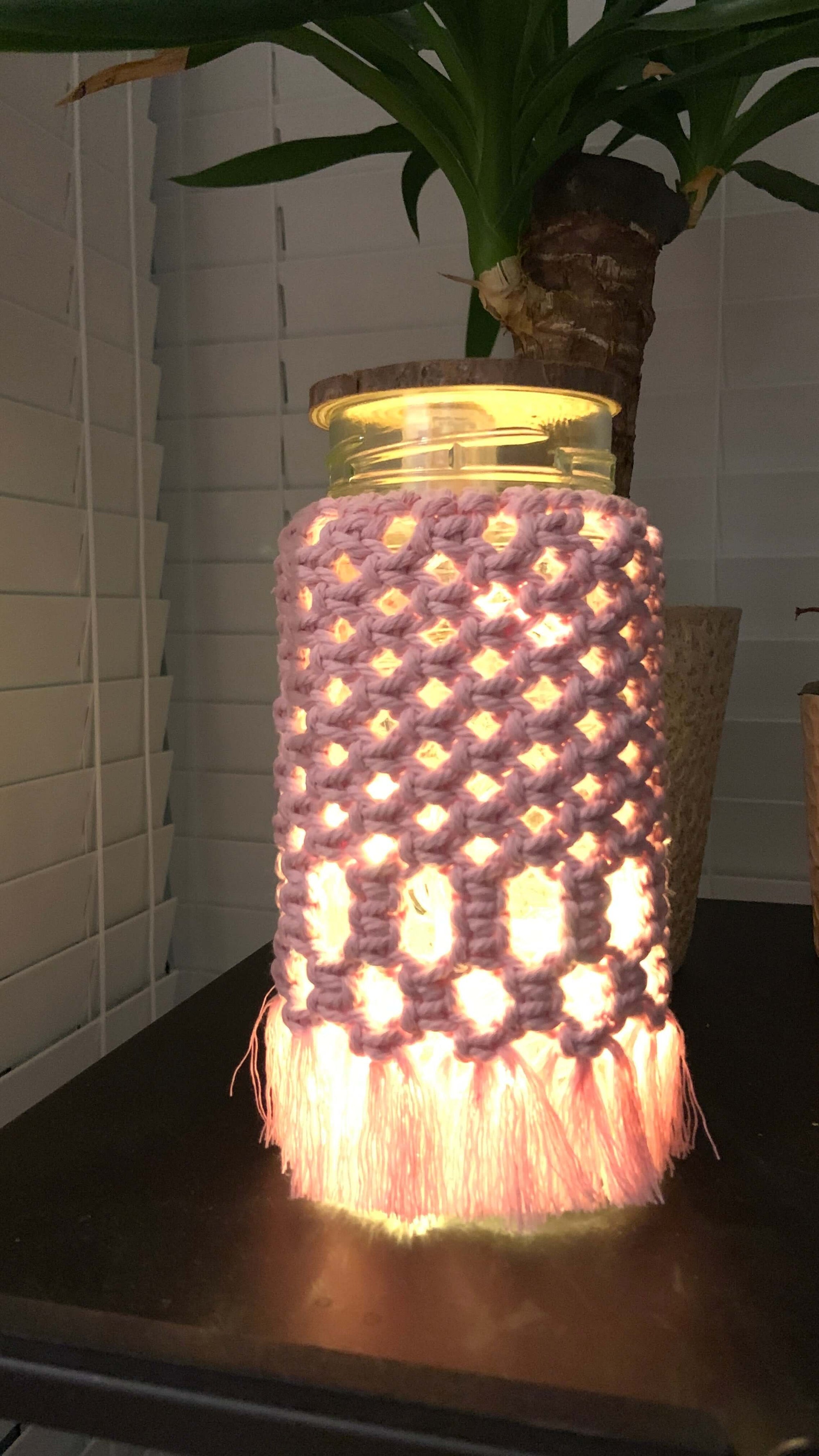 Diamond Drift GlowNest Macramé Jar Lamp – Handwoven Boho Lantern for Cozy Living - StylishKnots