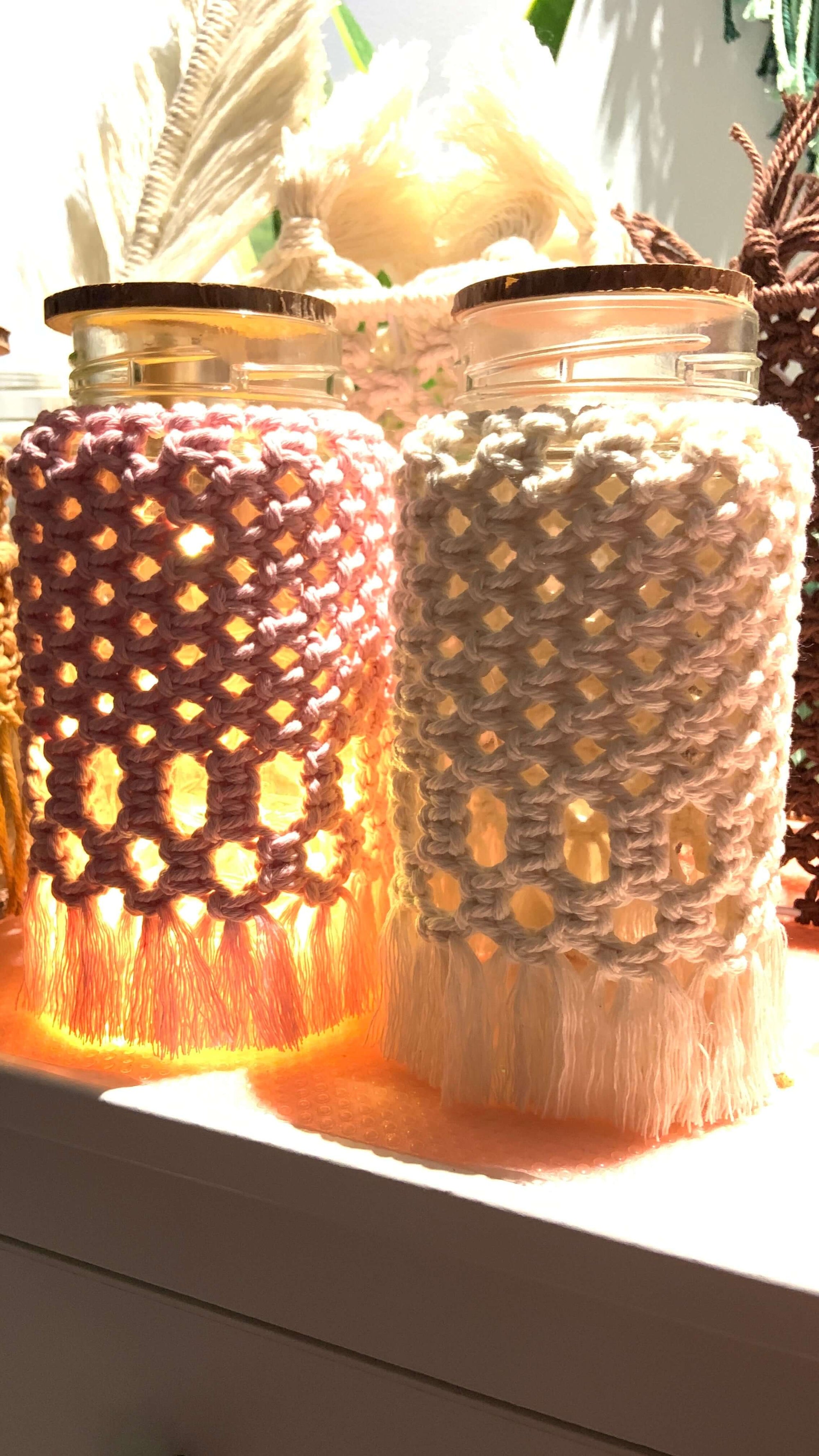 Diamond Drift GlowNest Macramé Jar Lamp – Handwoven Boho Lantern for Cozy Living - StylishKnots