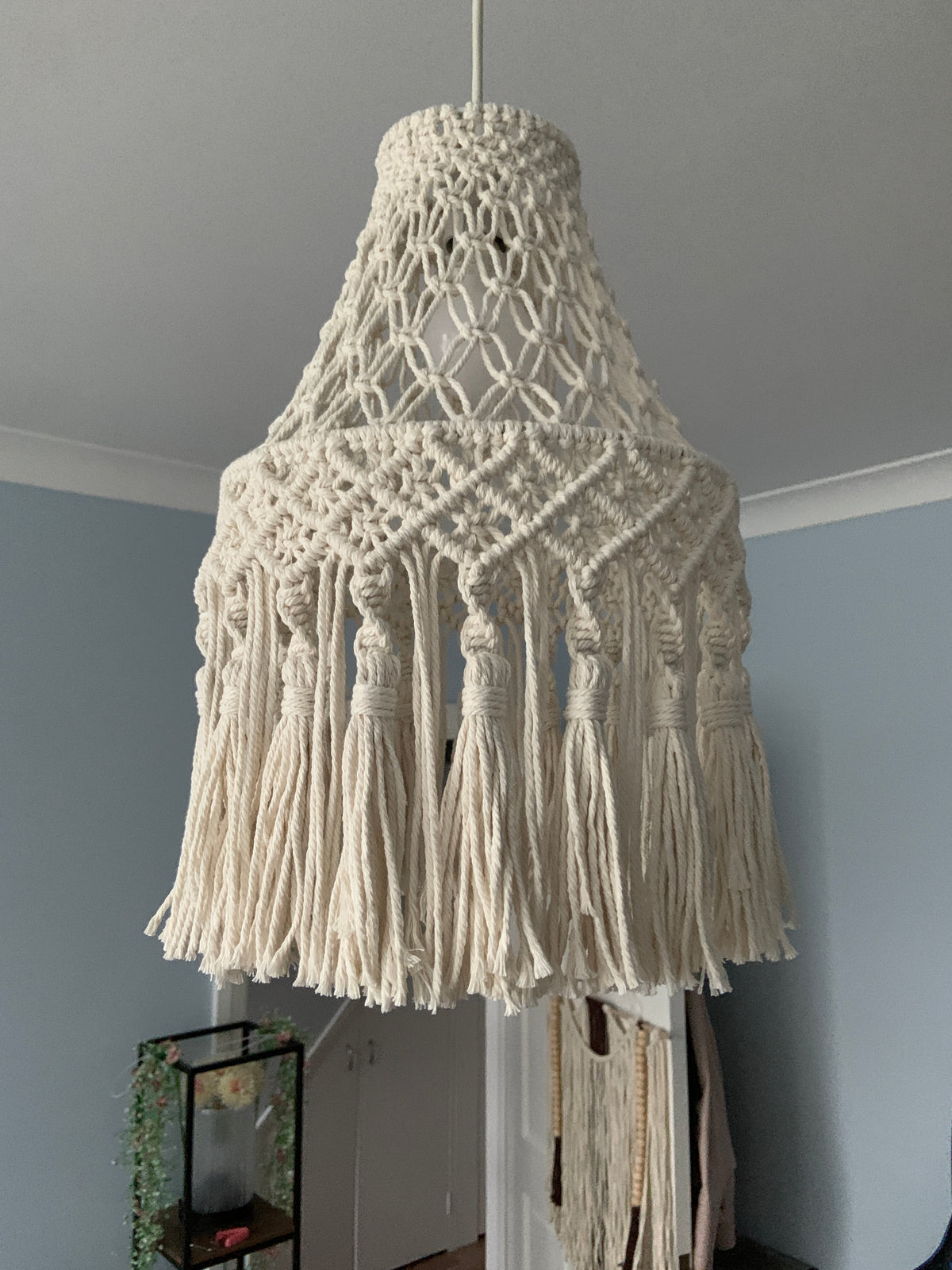 Elegant Macrame Pendant Lampshade – Handwoven Tassel Light Cover