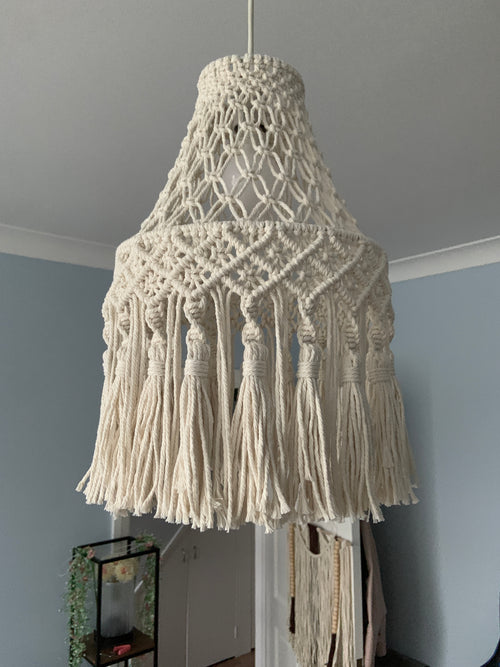 Elegant Macrame Pendant Lampshade – Handwoven Tassel Light Cover