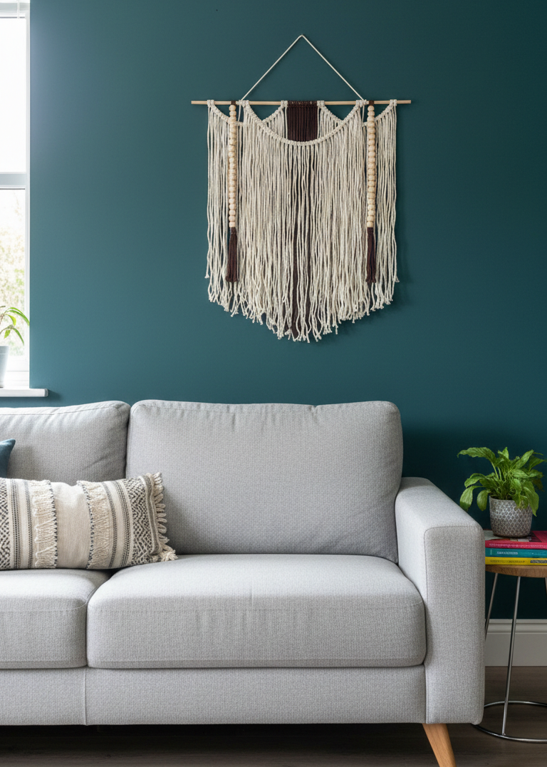Gray sofa with decorative pillows against a teal wall with a macrame hanging.