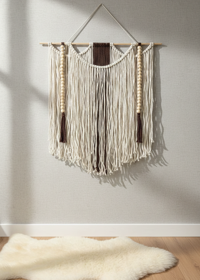 Woven wall hanging with fringe on a plain wall, with a fur rug on the floor.