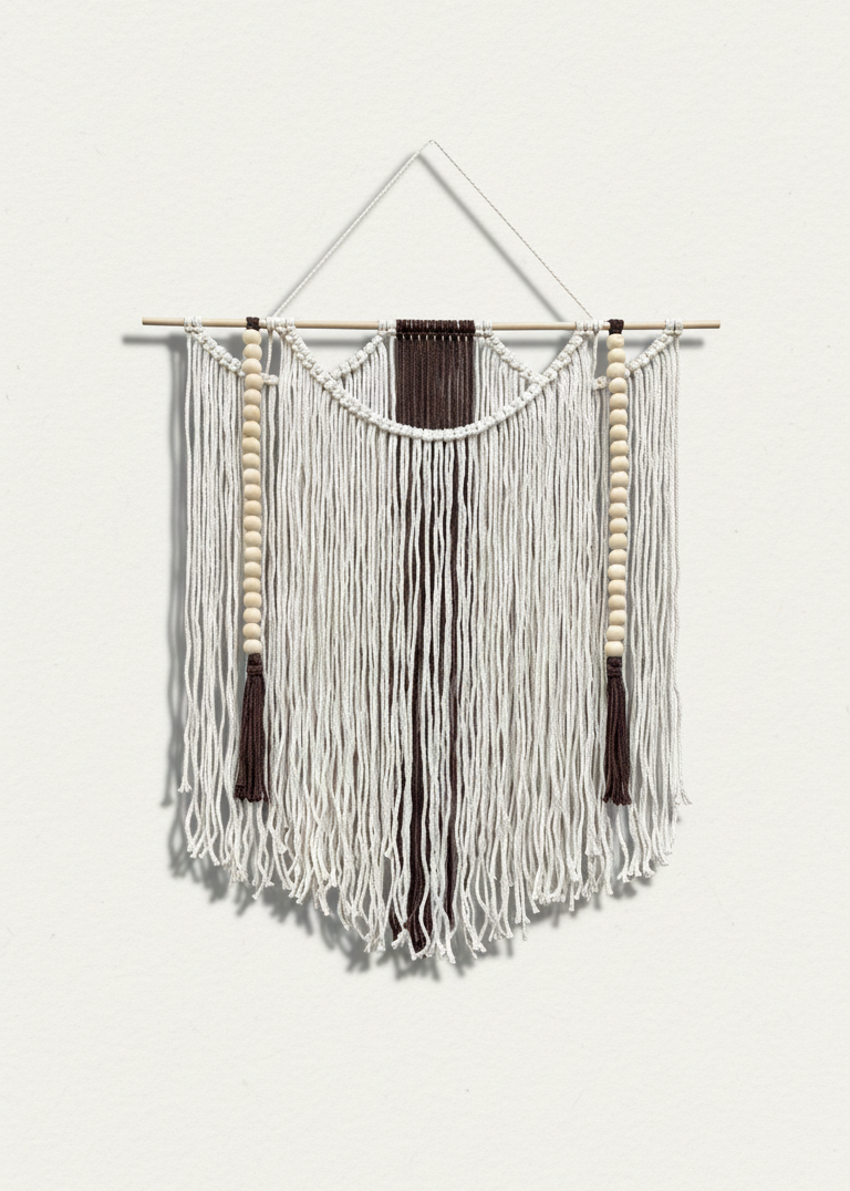 Textile wall hanging with fringe and a central knot on a white background