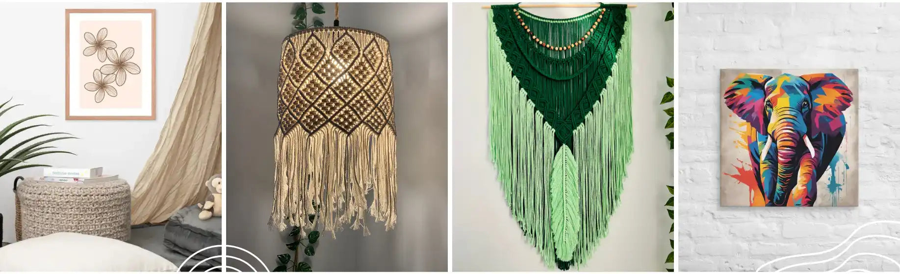 Macramé wall hangings featuring geometric patterns and fringe details in neutral and green tones.