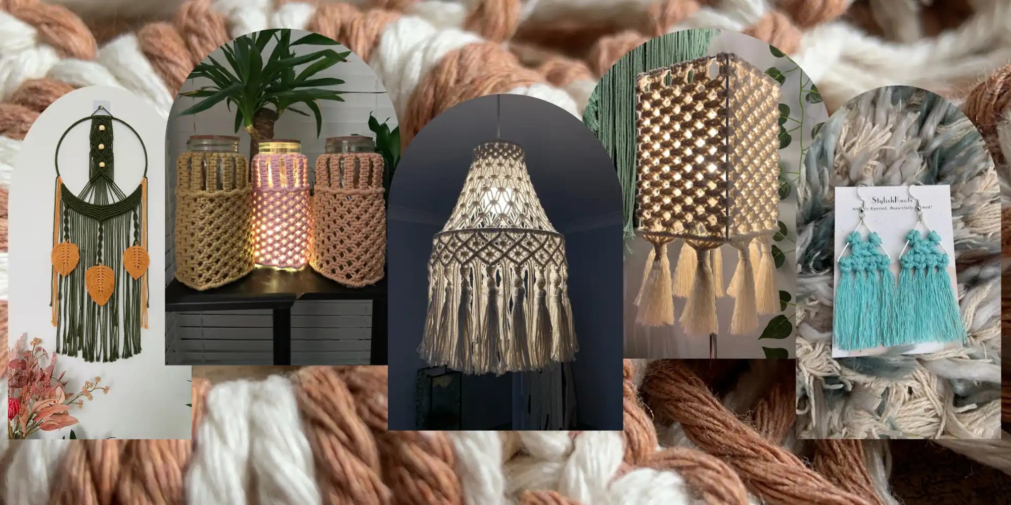 Decorative items including a woven lamp, tassels, and a mirror with fringe.