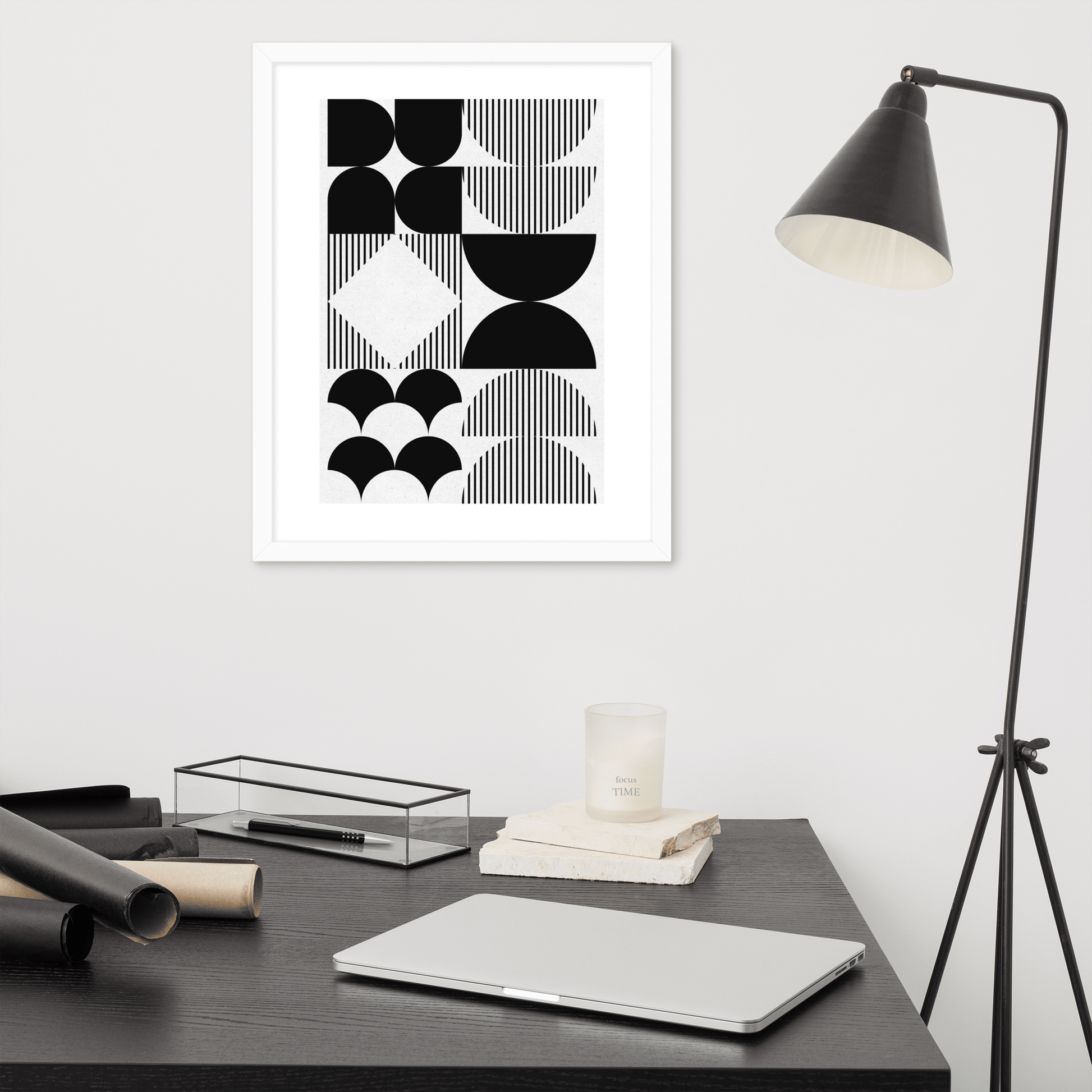 Modern Black and White Geometric Wall Art – Minimalist Framed Poster for Contemporary Home & Office Décor
