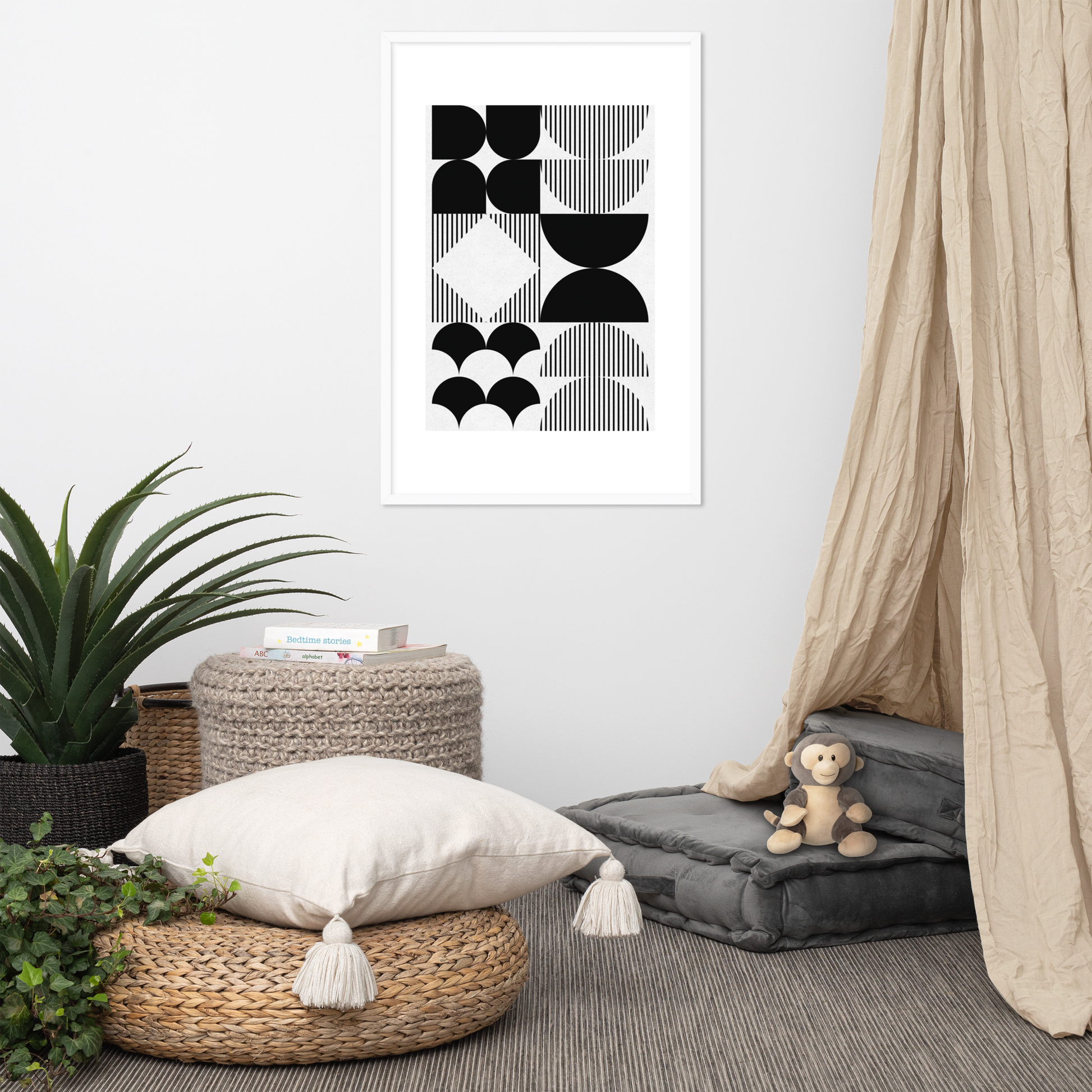 Modern Black and White Geometric Wall Art – Minimalist Framed Poster for Contemporary Home & Office Décor